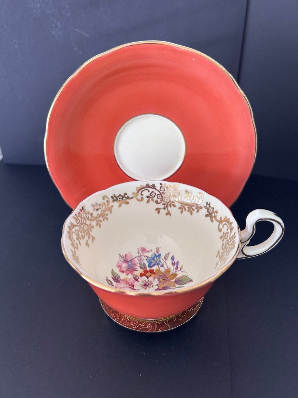 Aynsley Bone China Coral-Orange Tea Cup & Saucer Floral Inside Gilded Vintage
